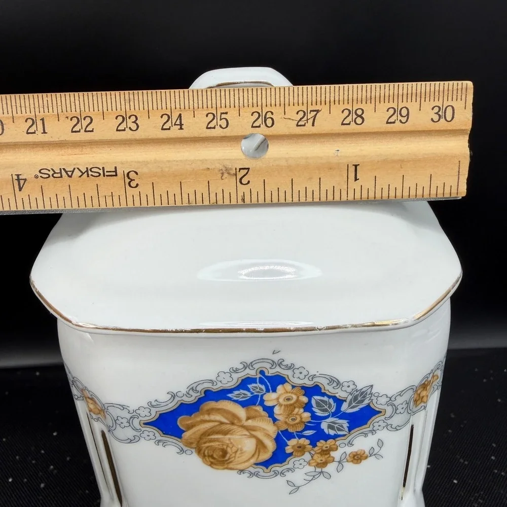 Victoria China Czechoslovakia Flour Canister Vintage Porcelain Blue Gold Rose